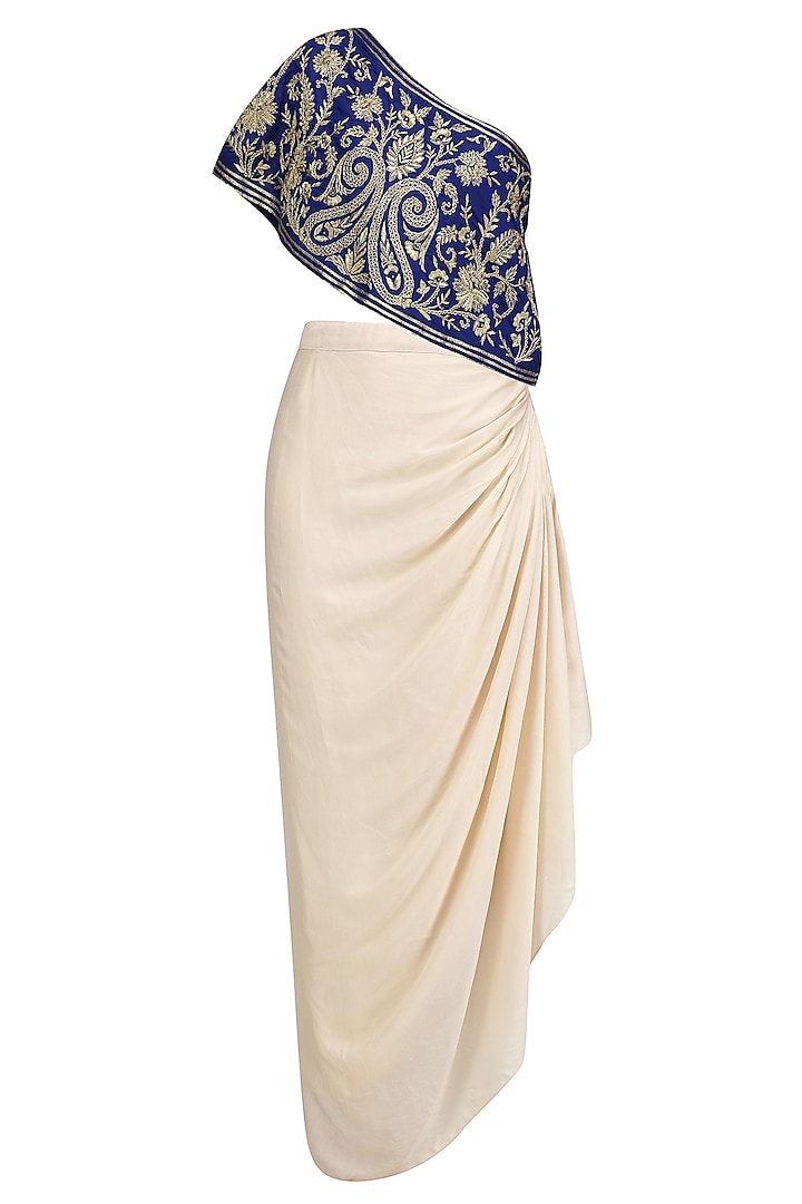 Blue Floral Embroidered One Shoulder Top with Cream Drape Skirt by Samatvam By Anjali Bhaskar