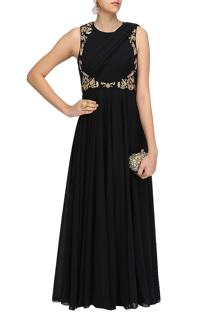 Black and gold floral embroidered drape anarkali kurta available only at Pernia's Pop Up Shop.