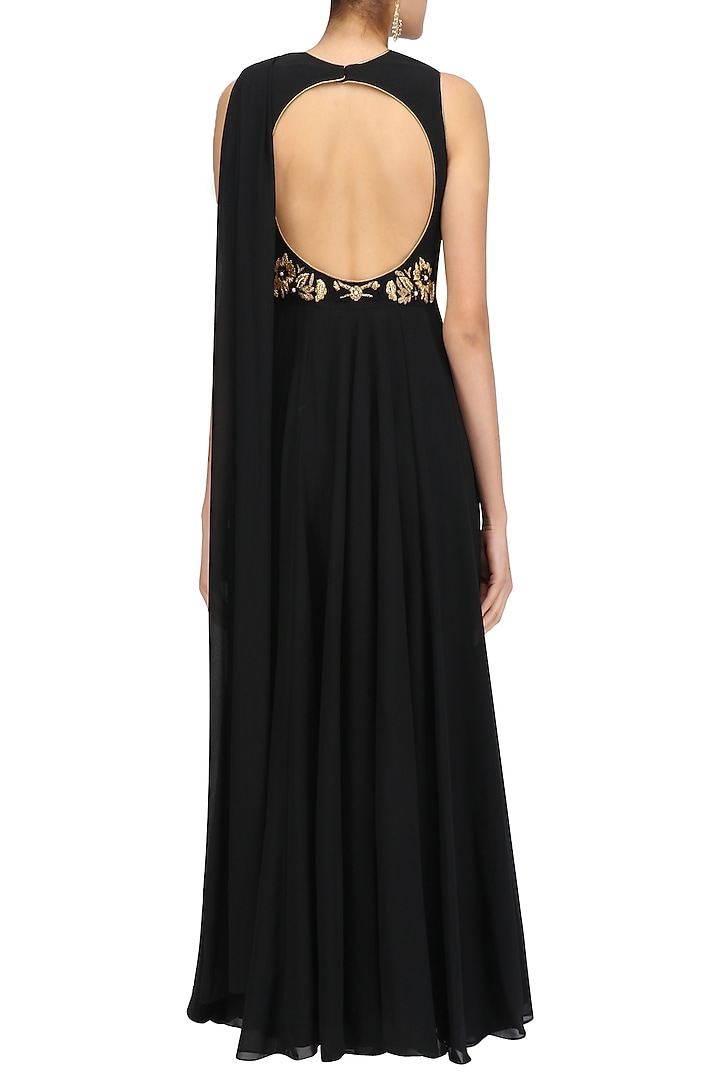 Black and gold floral embroidered drape anarkali kurta available only at Pernia's Pop Up Shop.