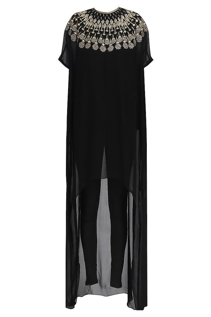 Black and gold embroidered high low kurta with pants available only at Pernia's Pop Up Shop.