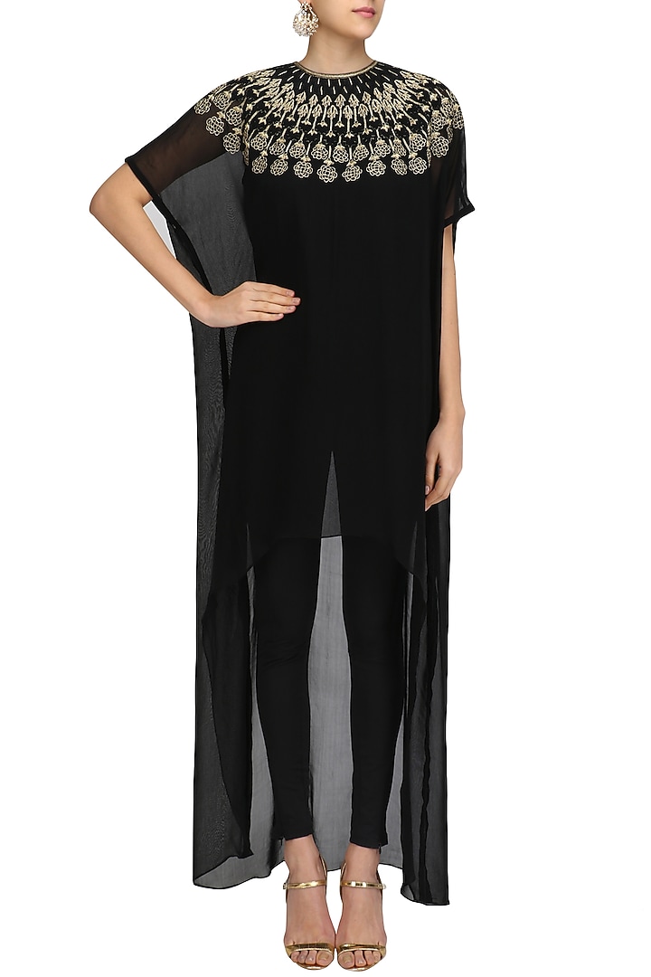 Black and gold embroidered high low kurta with pants available only at Pernia's Pop Up Shop.