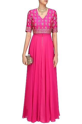 Pink Bootis Embroidered Front Slit Anarkali Kurta Set by Samatvam By Anjali Bhaskar