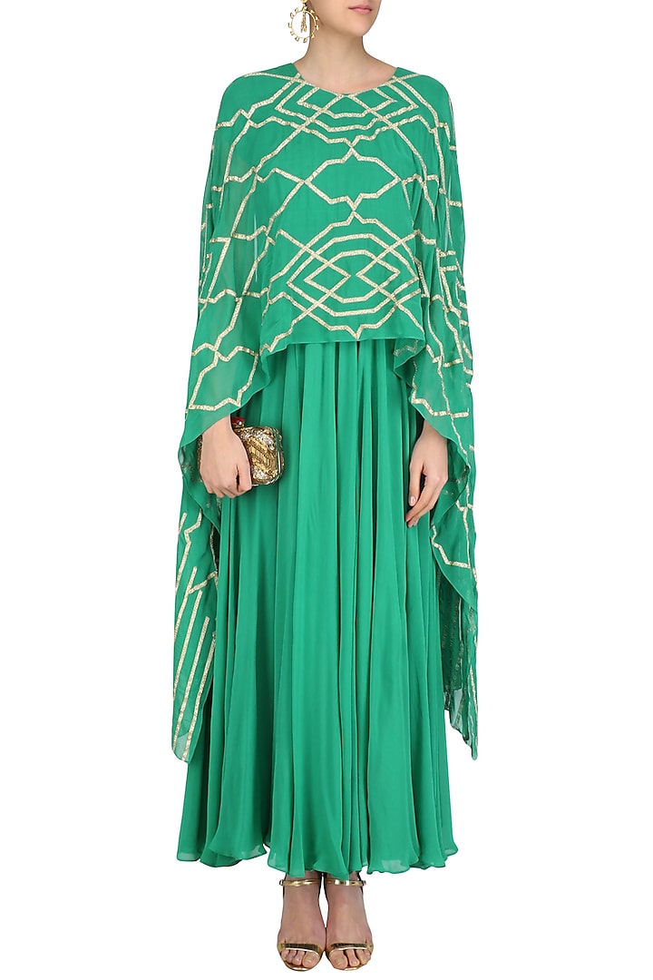 Jade green anarkali with gota patti embroidered attached dupatta available only at Pernia's Pop Up Shop.