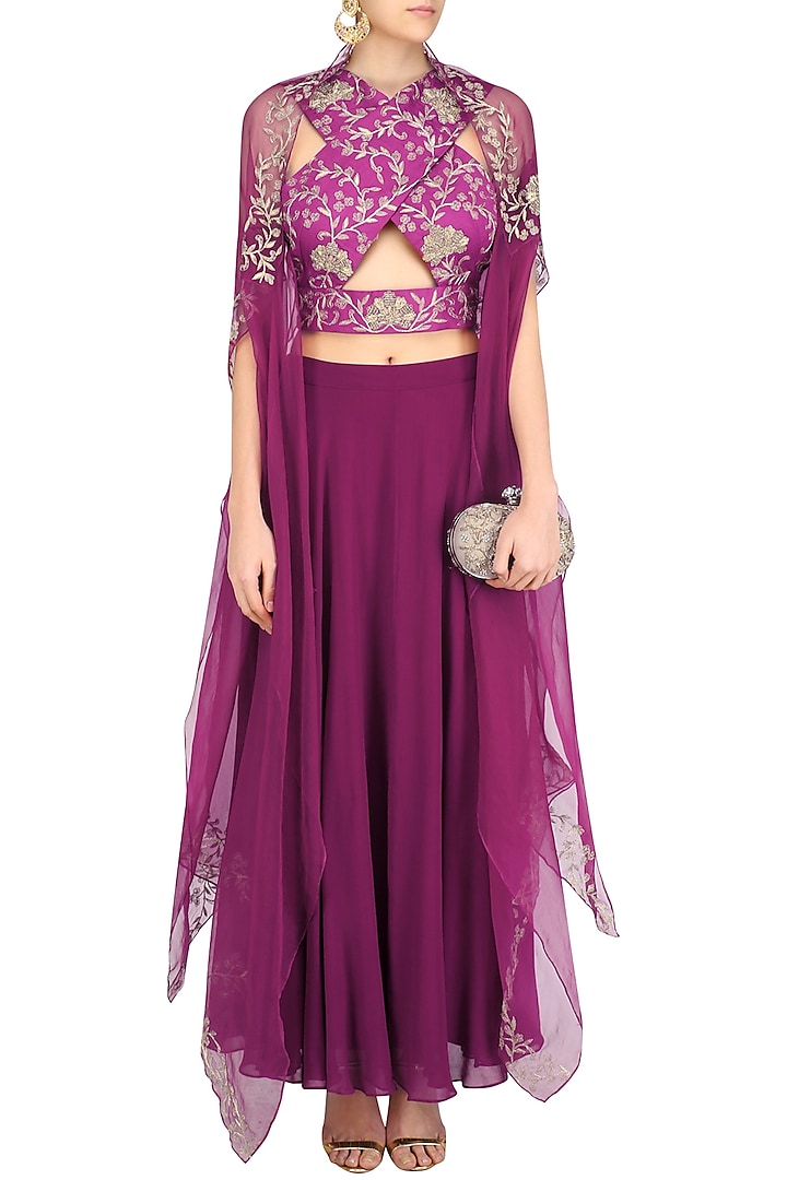 Plum floral embroidered blouse, skirt and jacket set available only at Pernia's Pop Up Shop.