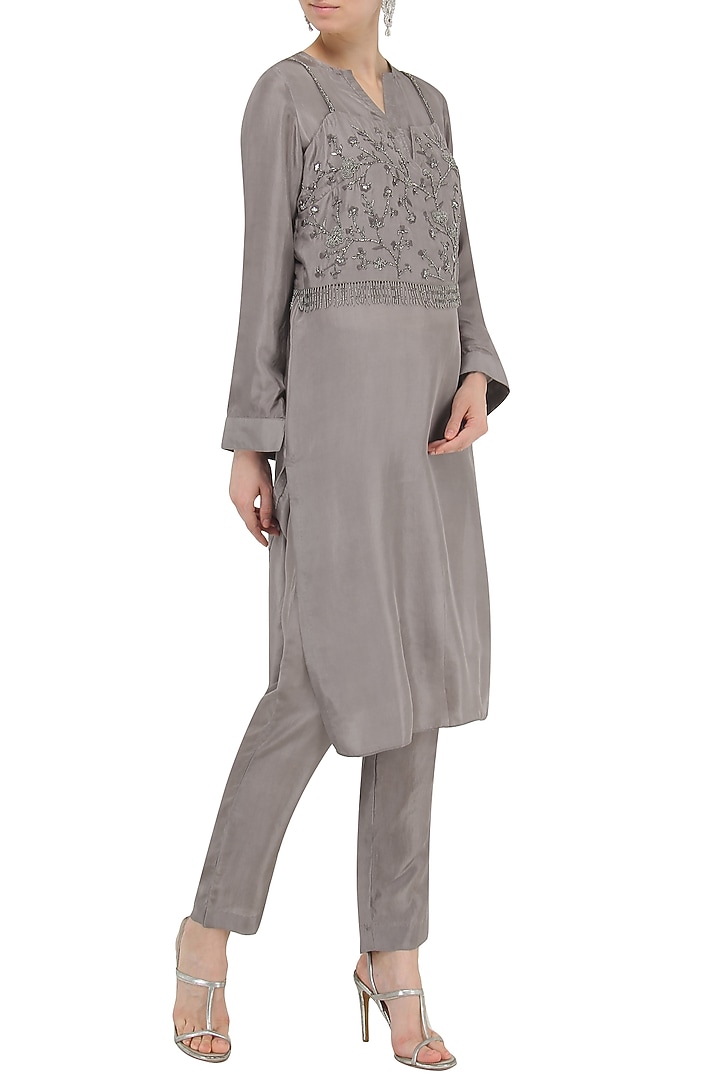 Grey embroidered tunic with straight pants available only at Pernia's Pop Up Shop.