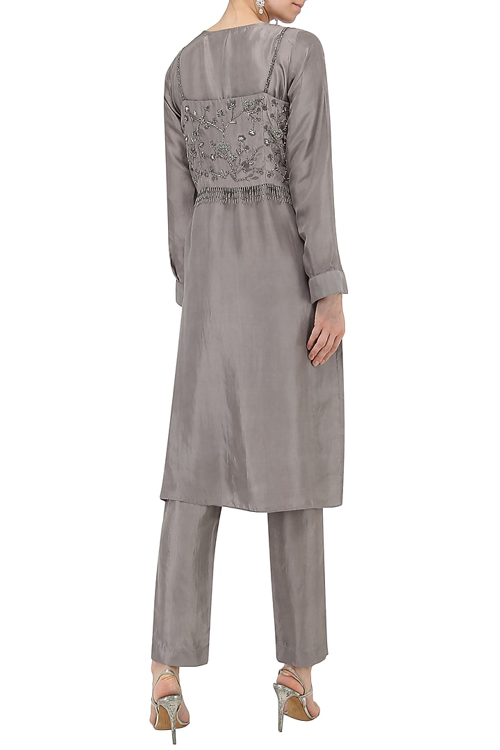 Grey embroidered tunic with straight pants available only at Pernia's Pop Up Shop.