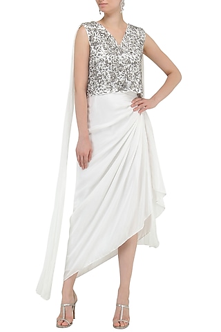 White Embroidered Top with Draped Skirt by Samatvam By Anjali Bhaskar