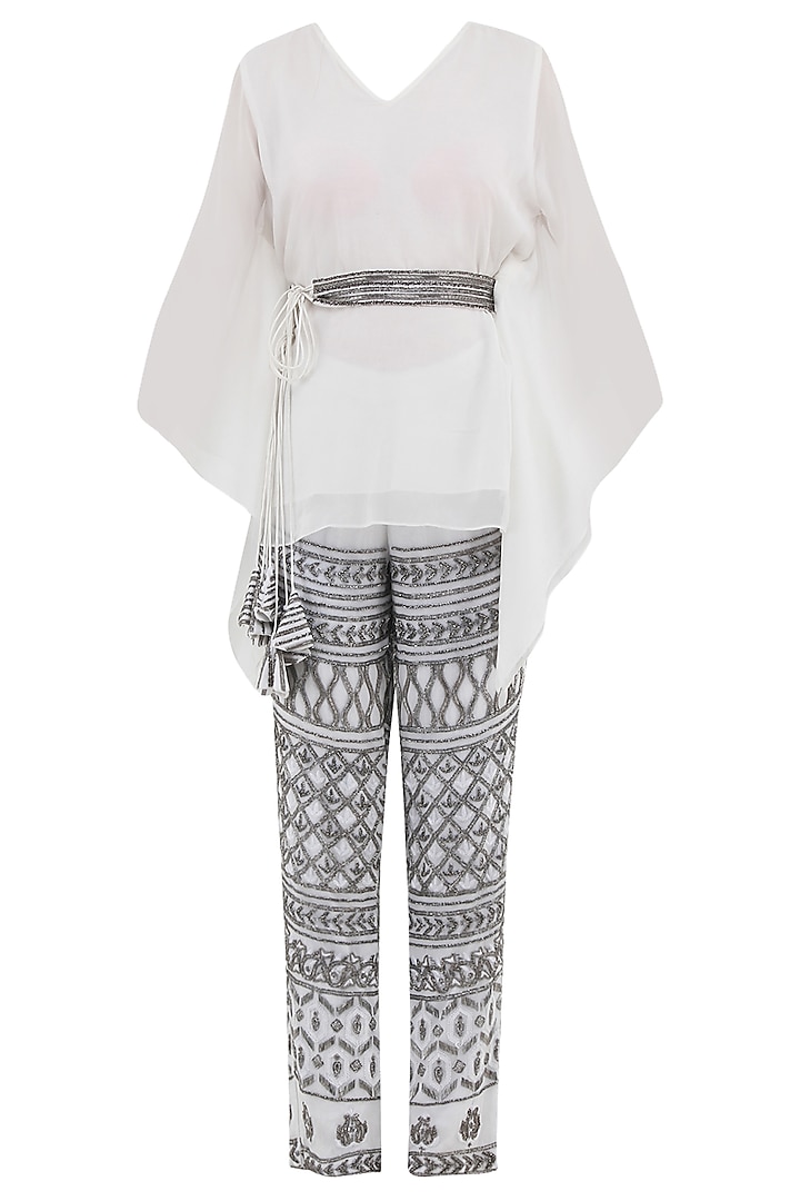 White Kaftan Top with Embroidered Pants and Belt by Samatvam By Anjali Bhaskar