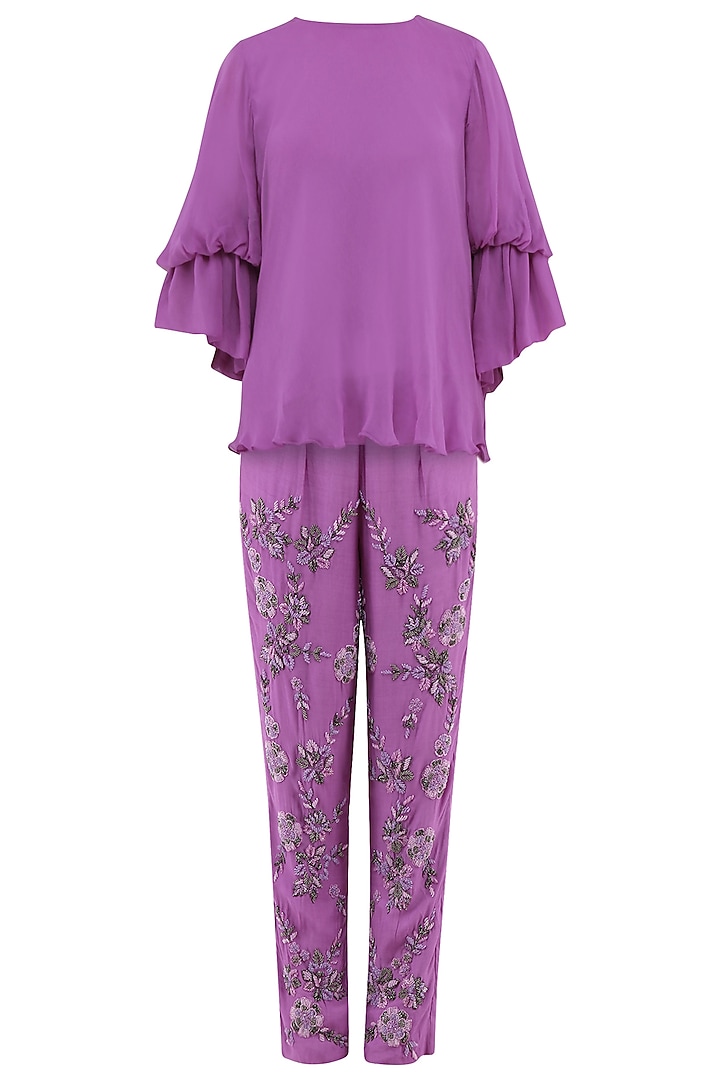 Violet Embroidered Pants with Ruffle Top by Samatvam By Anjali Bhaskar