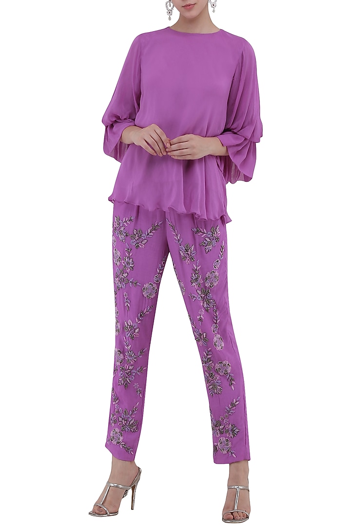 Violet embroidered pants with ruffle top available only at Pernia's Pop Up Shop.