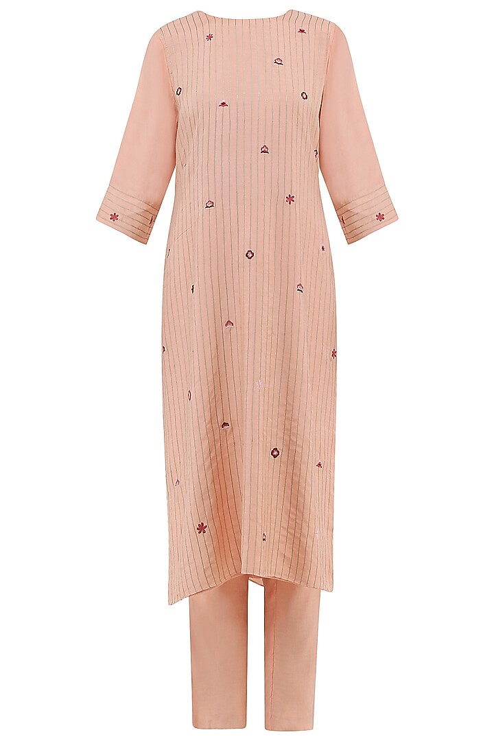 Peach and mint green embroidered kurta set available only at Pernia's Pop Up Shop.