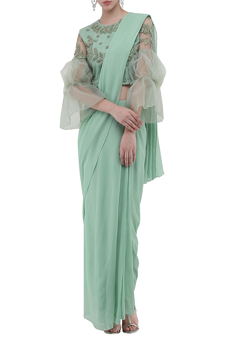 Mint green drape saree with embroidered top available only at Pernia's Pop Up Shop.