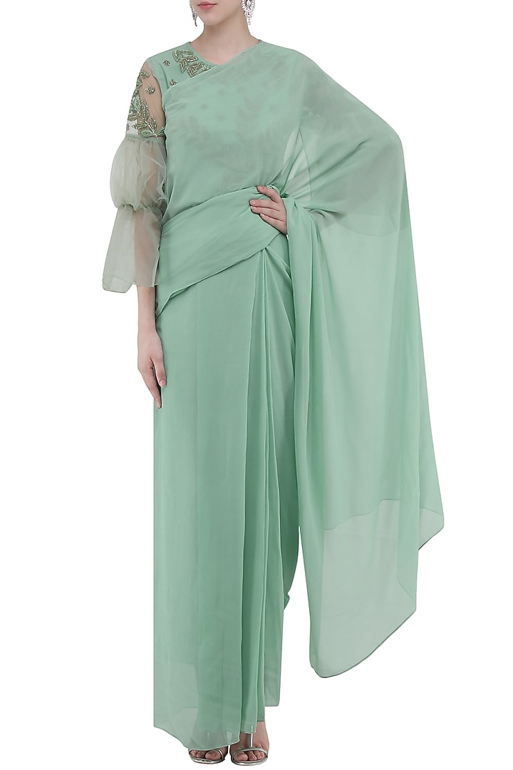 Mint green drape saree with embroidered top available only at Pernia's Pop Up Shop.