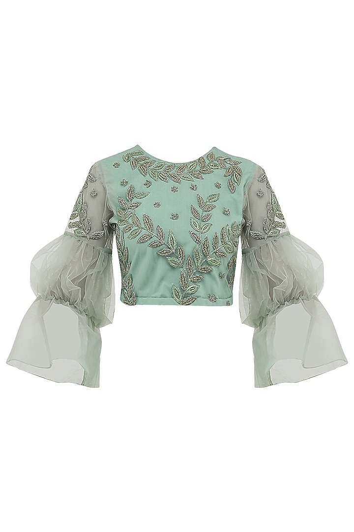Mint green drape saree with embroidered top available only at Pernia's Pop Up Shop.