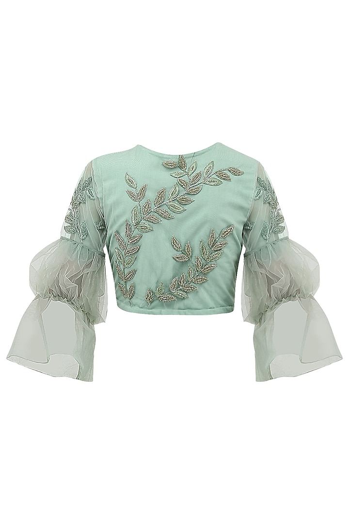 Mint green drape saree with embroidered top available only at Pernia's Pop Up Shop.