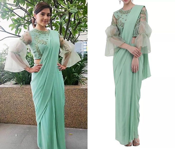 Mint green drape saree with embroidered top available only at Pernia's Pop Up Shop.