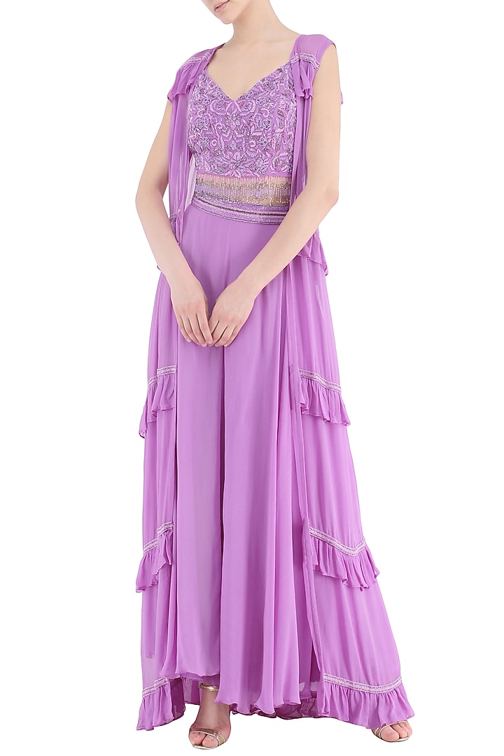 Violet embroidered bustier, skirt and frill cape set available only at Pernia's Pop Up Shop.