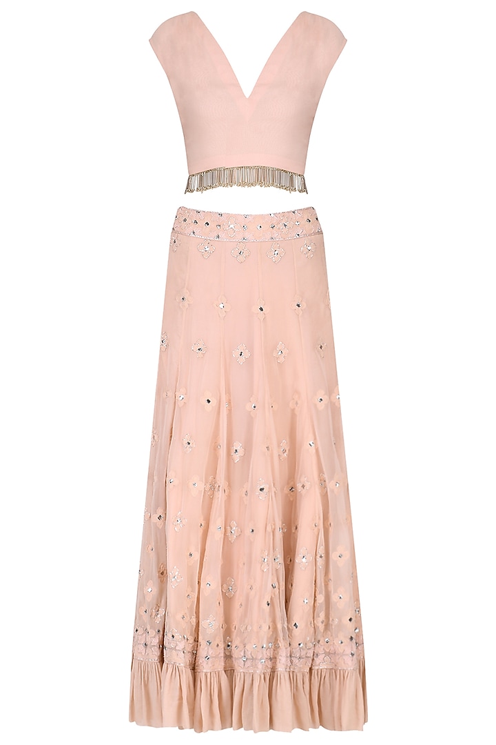 Rose Pink Crop Top and Lucknowi Skirt Set by Samatvam By Anjali Bhaskar