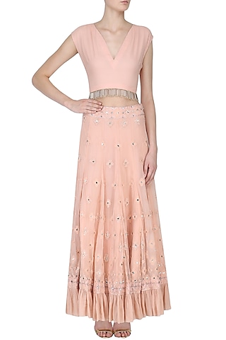 Rose Pink Crop Top and Lucknowi Skirt Set by Samatvam By Anjali Bhaskar