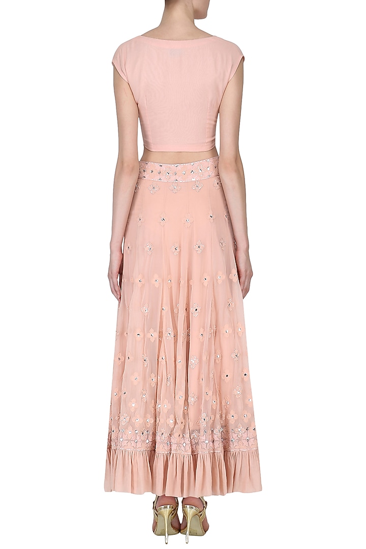 Rose pink crop top and lucknowi skirt set available only at Pernia's Pop Up Shop.