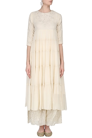 Ivory Lucknowi Embroidered Kurta and Palazzo Pants Set by Samatvam By Anjali Bhaskar