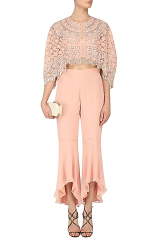 Tea Rose Floral Embroidered Cape, Bralet and Pants Set by Samatvam By Anjali Bhaskar