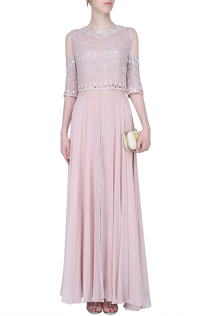 Light lilac lucknowi embroidered cold shoulder kurta available only at Pernia's Pop Up Shop.