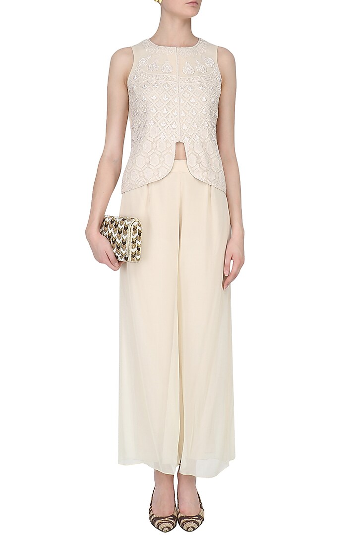 Light beige lucknowi embroidered jacket and pants set available only at Pernia's Pop Up Shop.