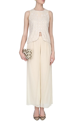Light Beige Lucknowi Embroidered Jacket and Pants Set by Samatvam By Anjali Bhaskar