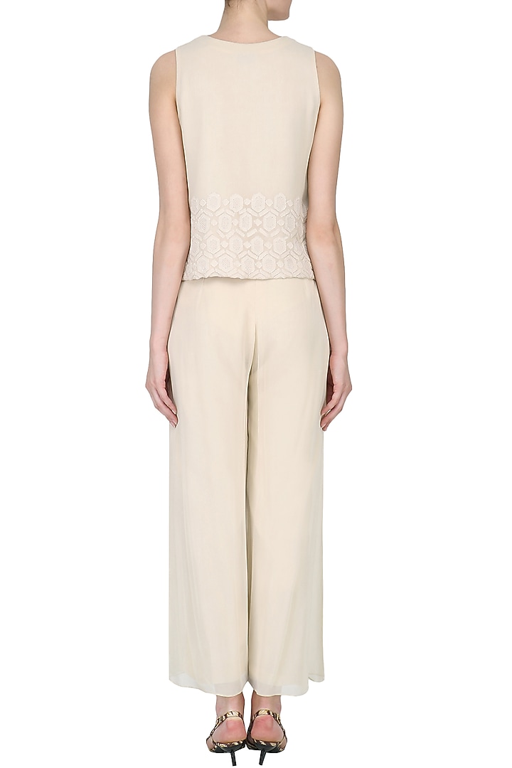 Light beige lucknowi embroidered jacket and pants set available only at Pernia's Pop Up Shop.