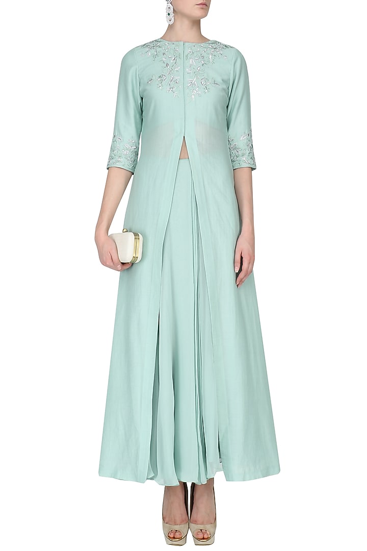 Pistachio green floral embroidered jacket and skirt set available only at Pernia's Pop Up Shop.