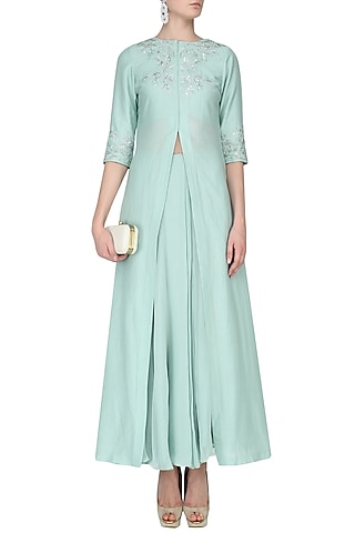 Pistachio Green Floral Embroidered Jacket and Skirt Set by Samatvam By Anjali Bhaskar