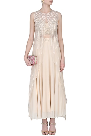 Light Beige Floral Embroidered Jacket, Bralet and Skirt Set by Samatvam By Anjali Bhaskar