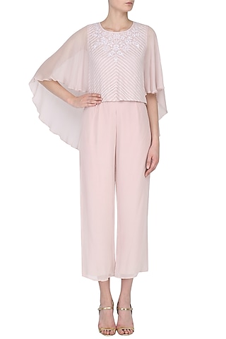 Light Lilac Lucknowi Embroidered Cape and Pants Set by Samatvam By Anjali Bhaskar