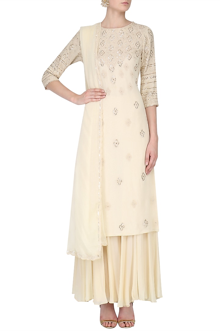 Beige lucknowi work kurta and skirt set available only at Pernia's Pop Up Shop.