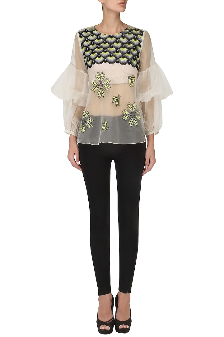 Off white embroidered sheer top available only at Pernia's Pop Up Shop.
