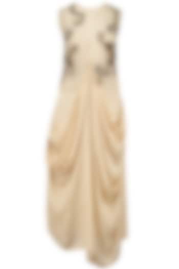 Nude resham embroidered jacket and beige draped dress set available only at Pernia's Pop Up Shop.