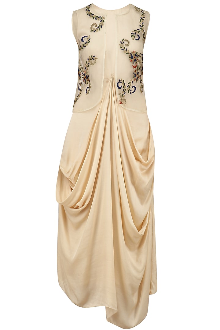 Nude resham embroidered jacket and beige draped dress set available only at Pernia's Pop Up Shop.