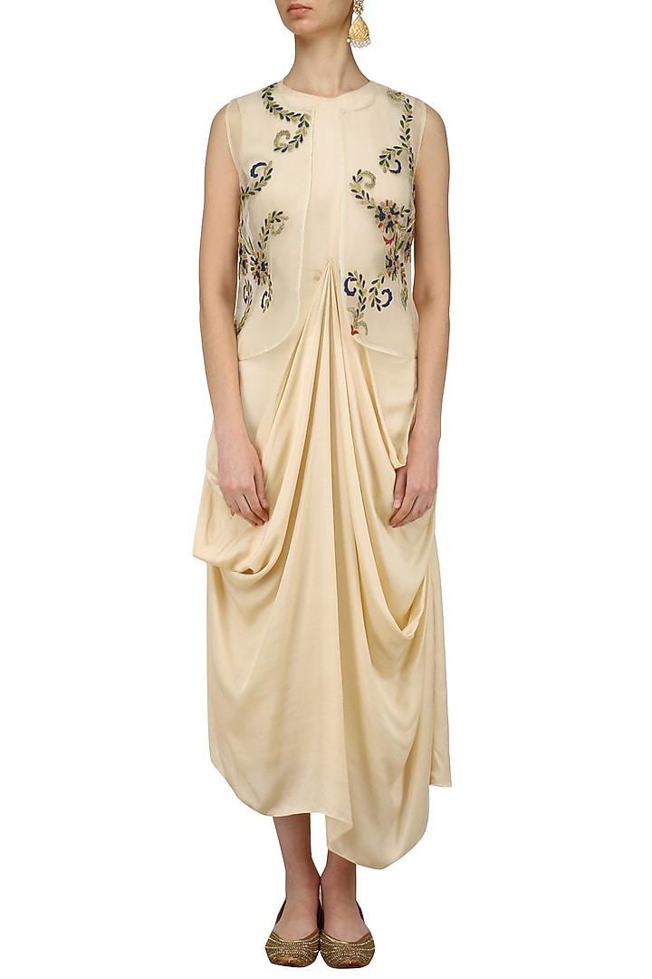 Nude resham embroidered jacket and beige draped dress set available only at Pernia's Pop Up Shop.