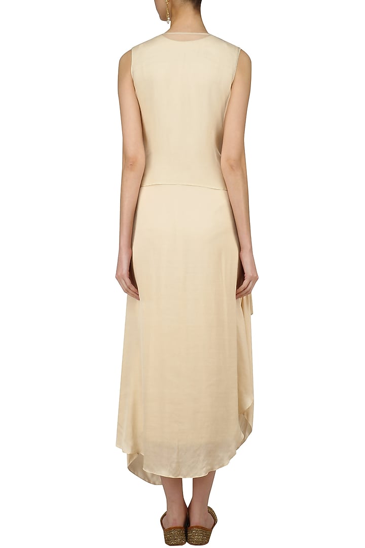 Nude resham embroidered jacket and beige draped dress set available only at Pernia's Pop Up Shop.