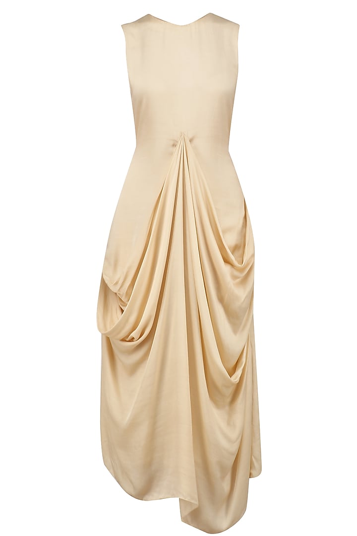 Nude resham embroidered jacket and beige draped dress set available only at Pernia's Pop Up Shop.