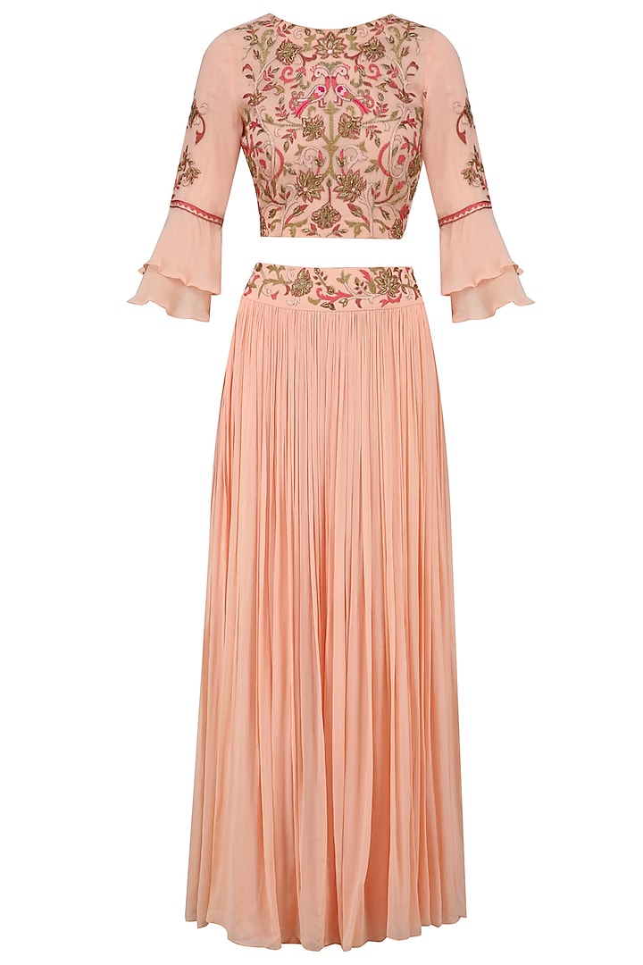 Peach pink dabka and zardozi embroidered lehenga se available only at Pernia's Pop Up Shop.