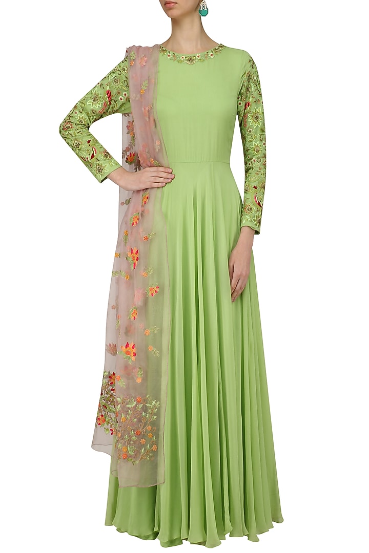 Mint green multicolor hand embroidered kurta with pink embroidered dupatta available only at Pernia's Pop Up Shop.