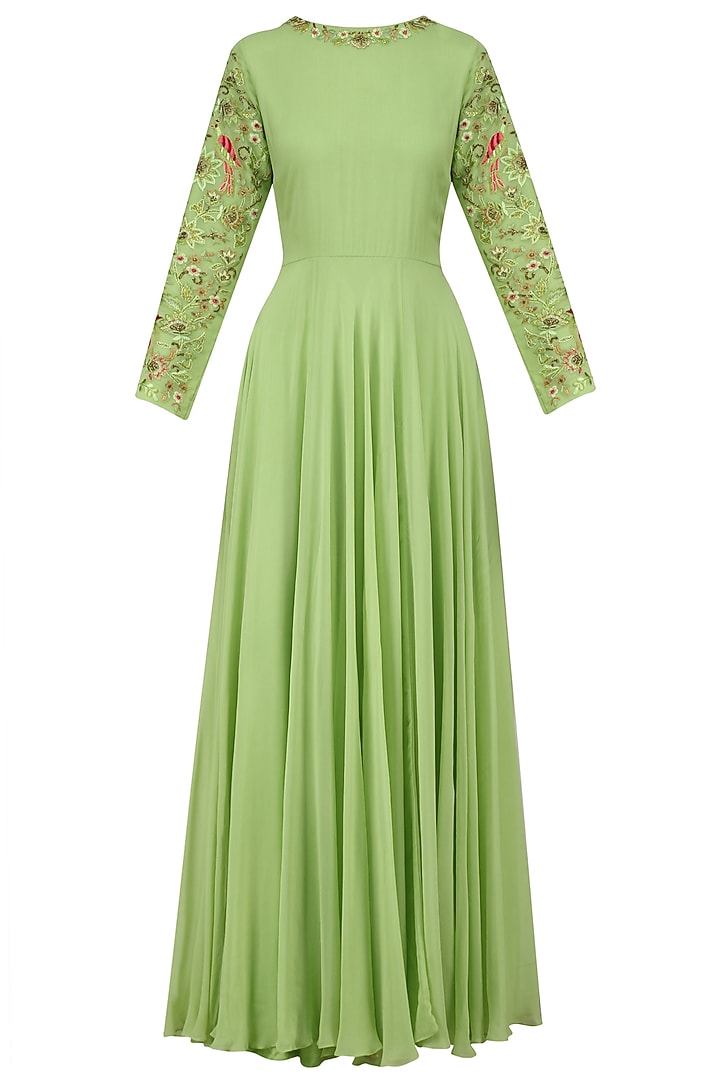 Mint green multicolor hand embroidered kurta with pink embroidered dupatta available only at Pernia's Pop Up Shop.