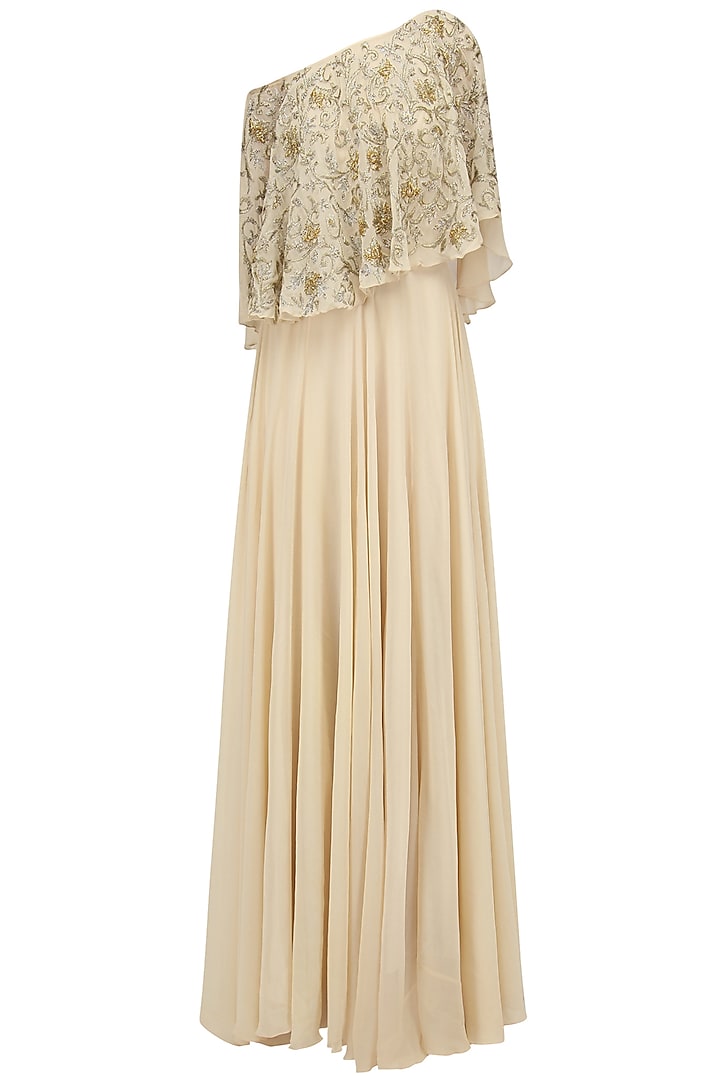 Cream, Gold and Silver Embroidered Off Shoulder Cape Gown by Samatvam By Anjali Bhaskar