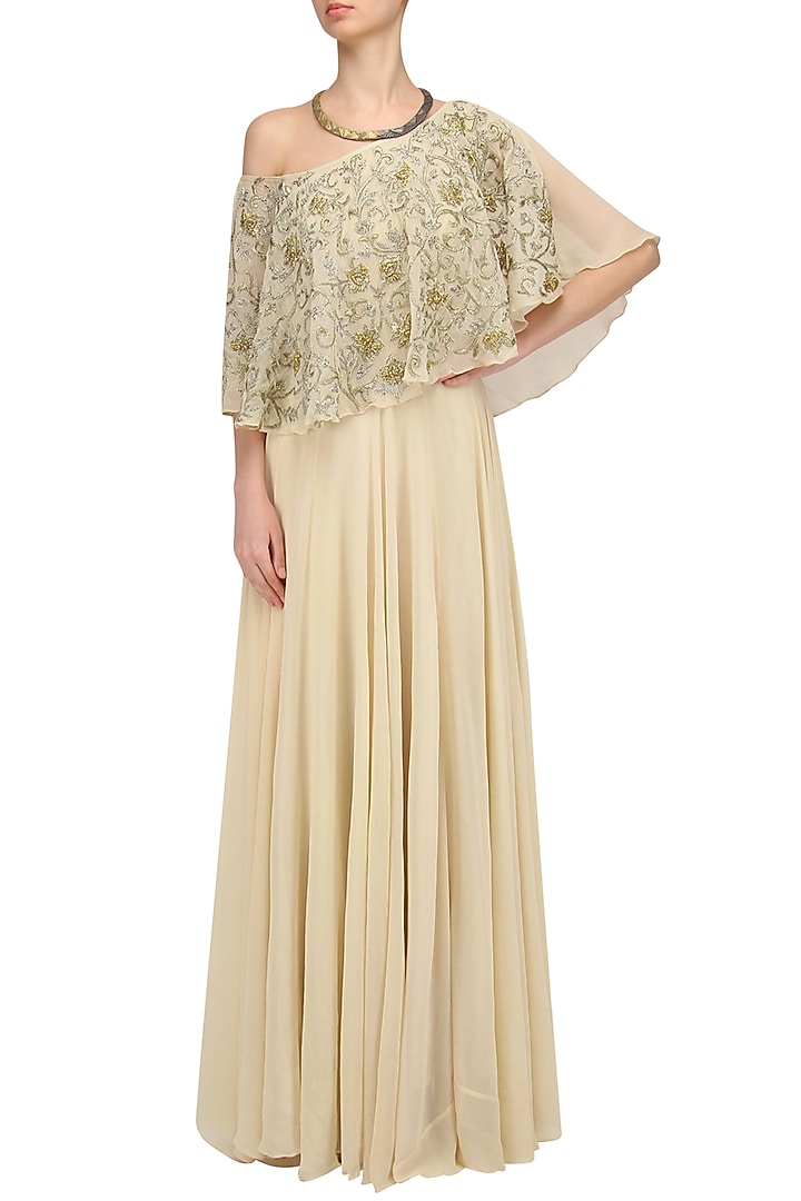 Buy Cream, Gold and Silver Embroidered Off Shoulder Cape Gown Pernia's Pop Up Shop