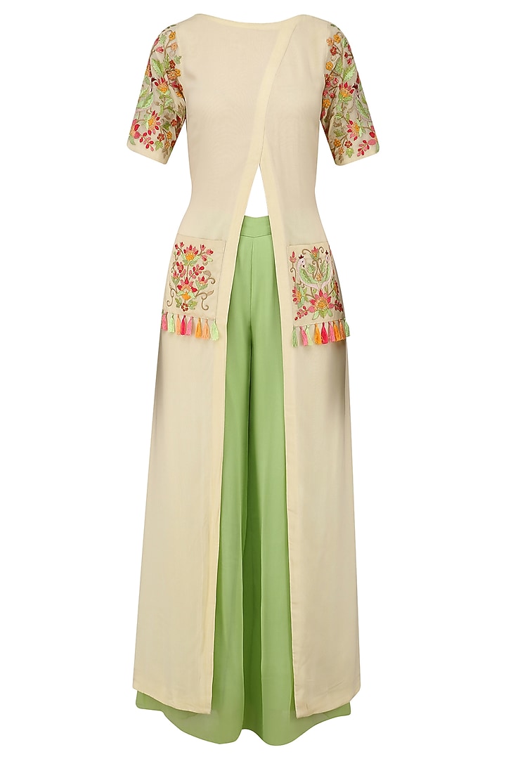Cream floral embroidered front slit kurta and green palazzo set available only at Pernia's Pop Up Shop.