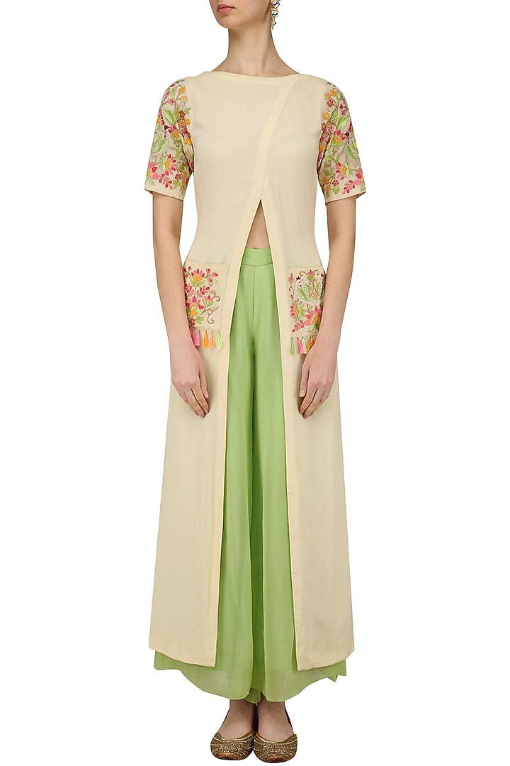 Cream floral embroidered front slit kurta and green palazzo set available only at Pernia's Pop Up Shop.