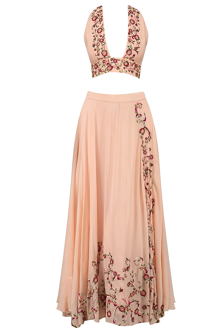 Peach and pink floral embroidered bralet and skirt set available only at Pernia's Pop Up Shop.