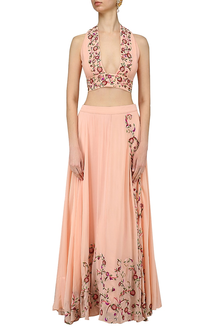 Peach and pink floral embroidered bralet and skirt set available only at Pernia's Pop Up Shop.